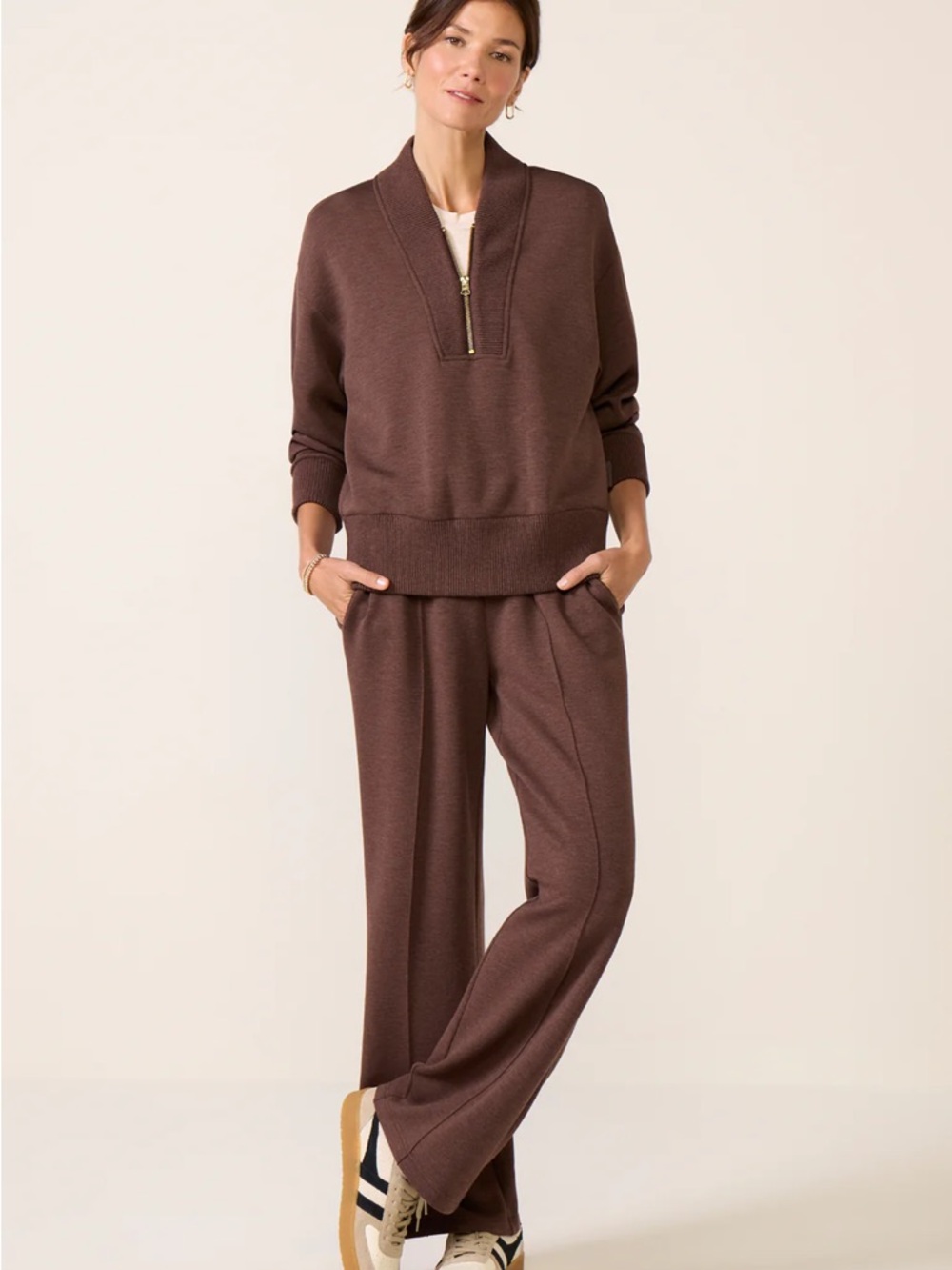 Varley Sally Half-Zip Pullover Sweat in Coffeebean Marl Brown - Picture 2 of 5